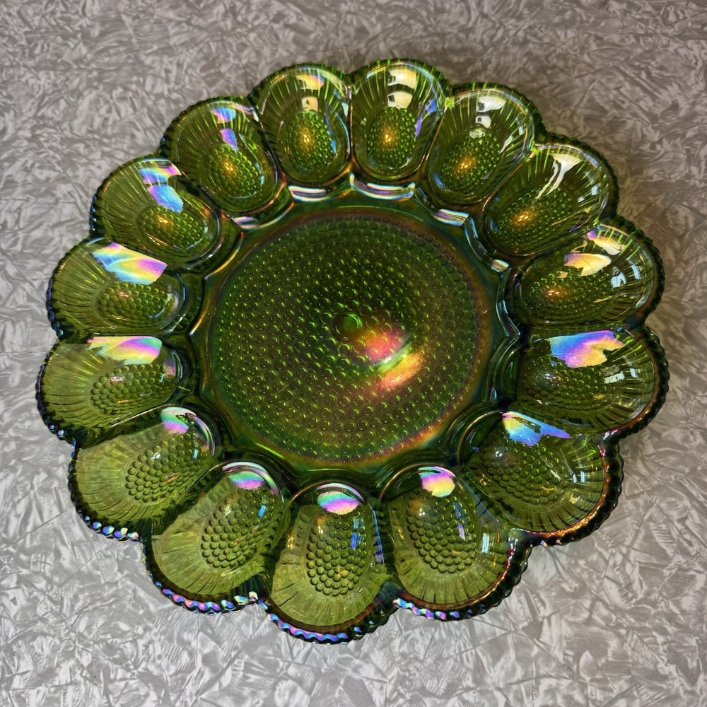 Indiana Glass Hobnail Carnival Iridescent Lime Green Deviled Egg Plate Rare
